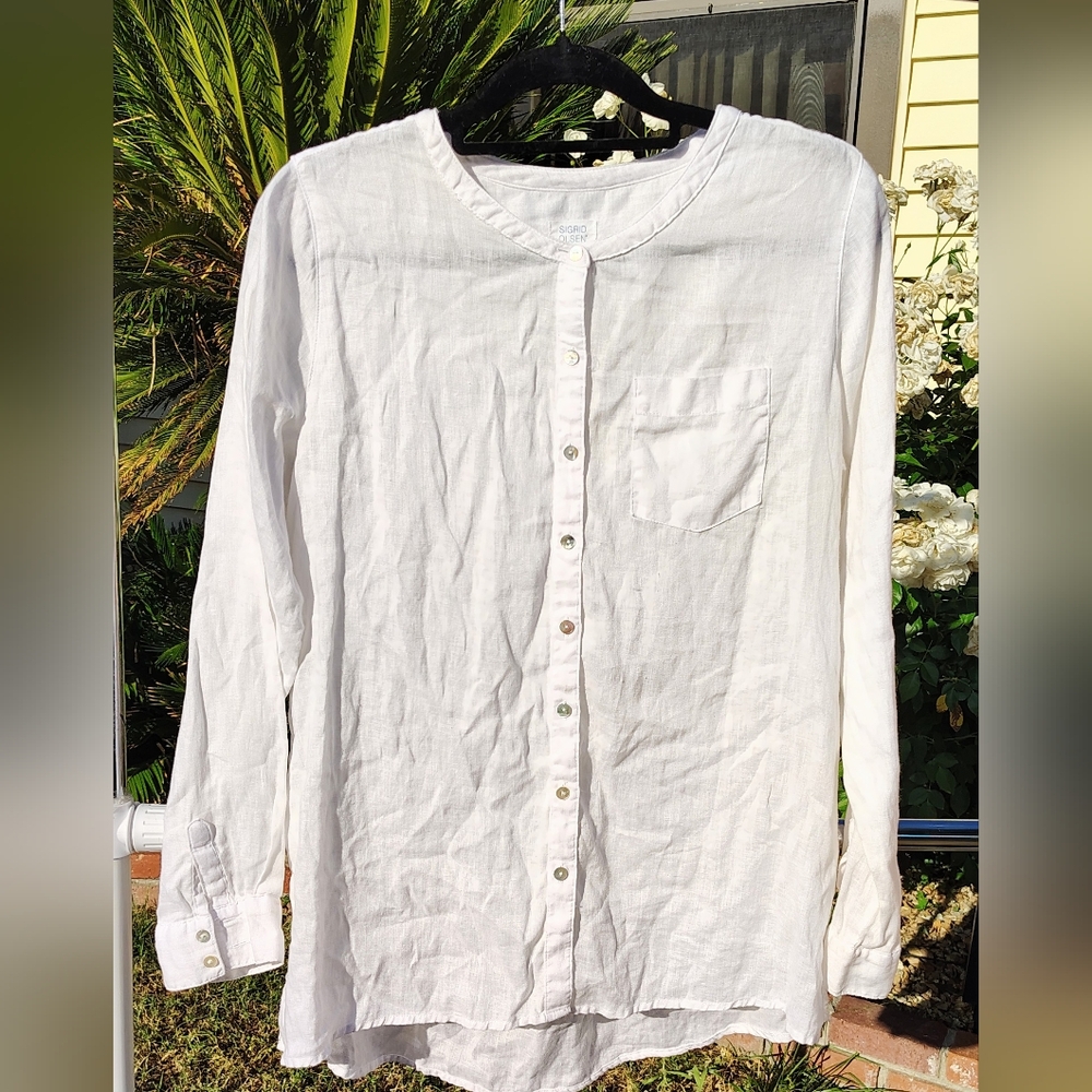 Sigrid Olsen Light Beige 100% Linen Button Front Top